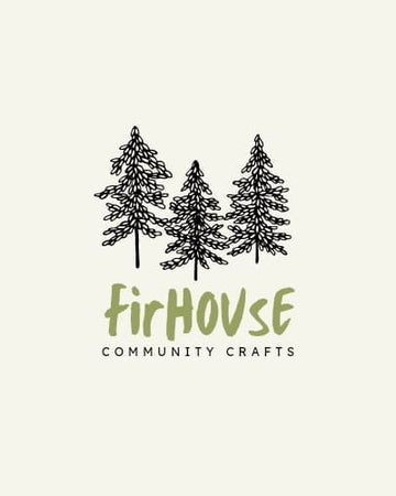 Logo for FirHouse Community Crafts with three stylized trees on a white background.